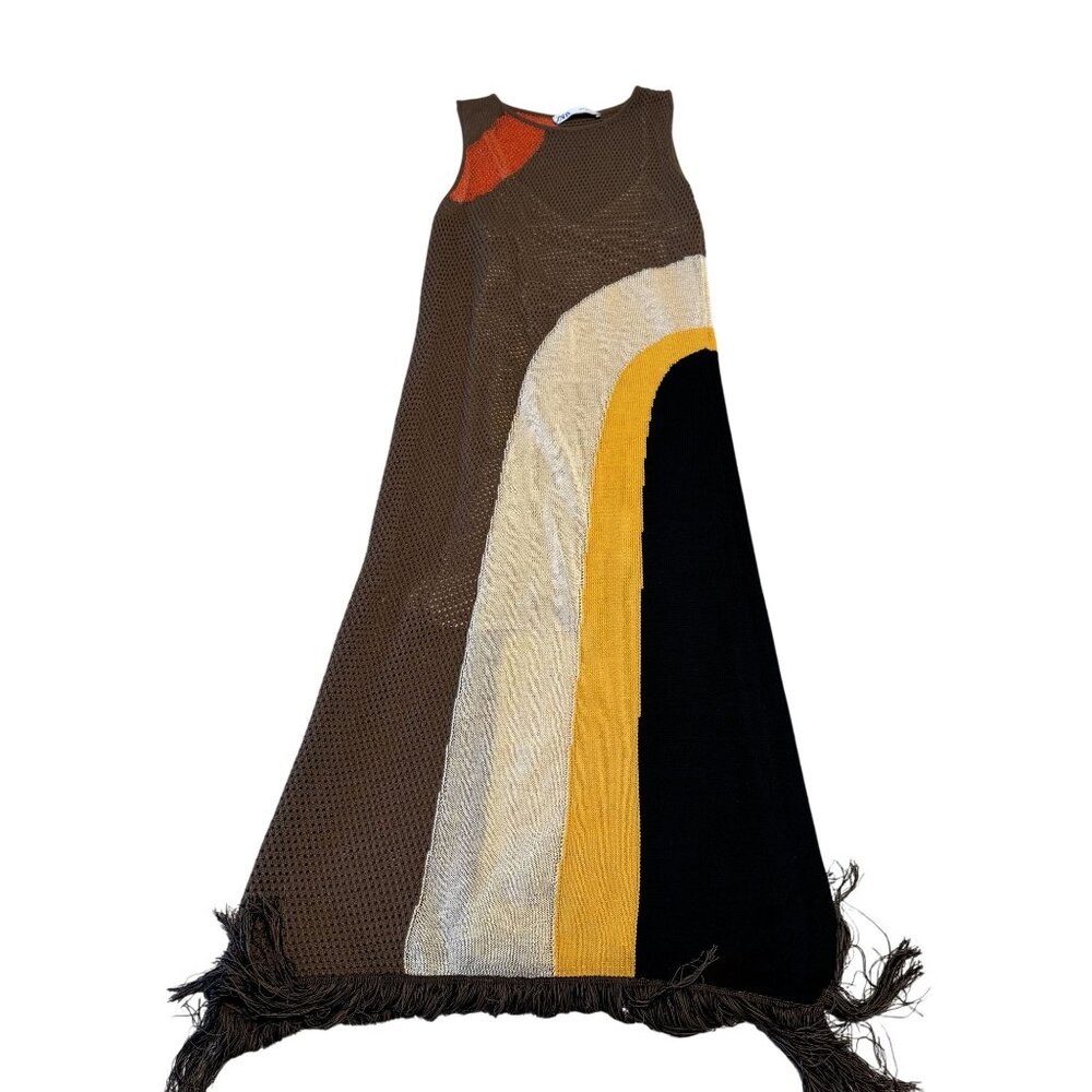 Zara Brown Colorblock Knit Fringe Hem Sleeveless Midi Dress Women's Size Small S